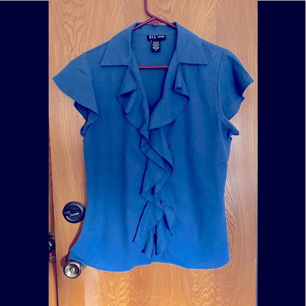 D.F.A. NY Blue button down ruffled shirt cap sleeves size S
